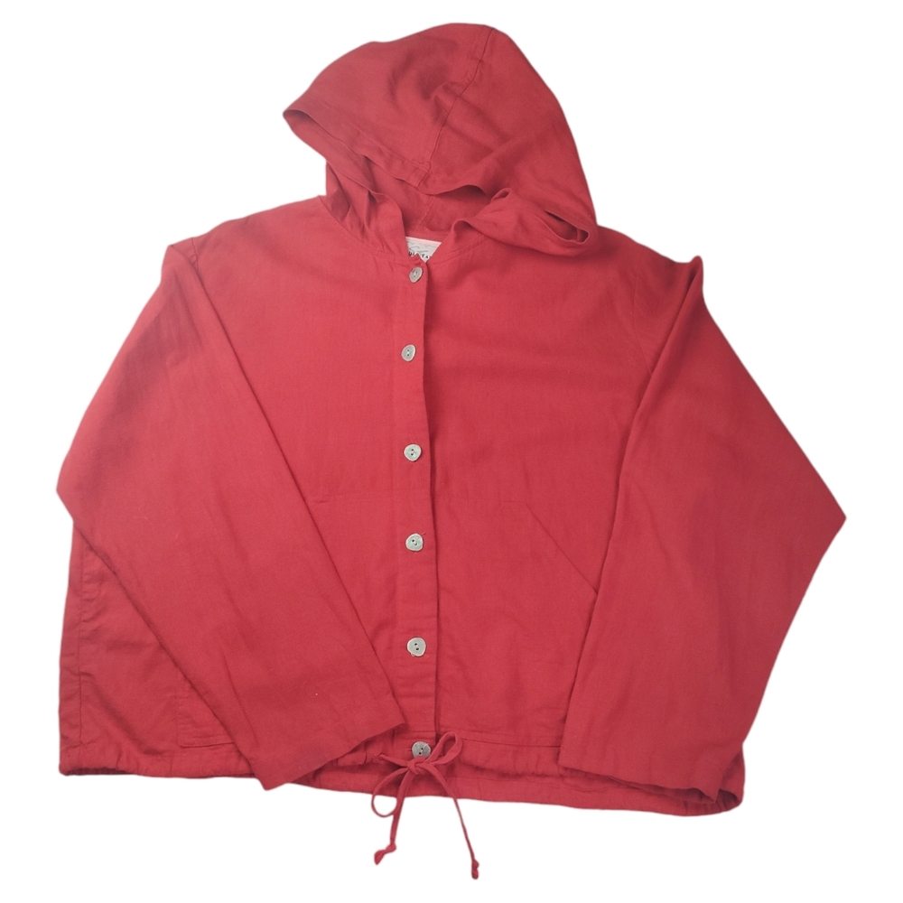 Vintage Women's Red Lagenlook  Linen Hooded Button Up Boxy  Shacket SZ 16